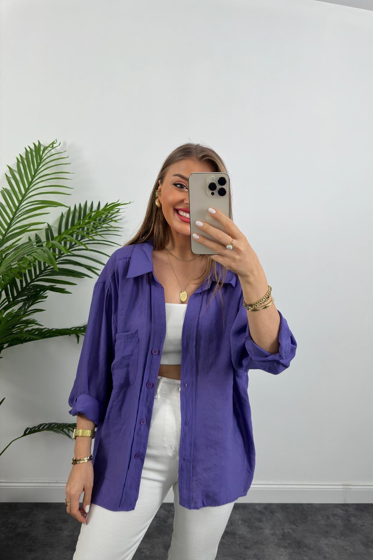 Lüx Kalite Basic Salaş Tensel Gömlek Mor