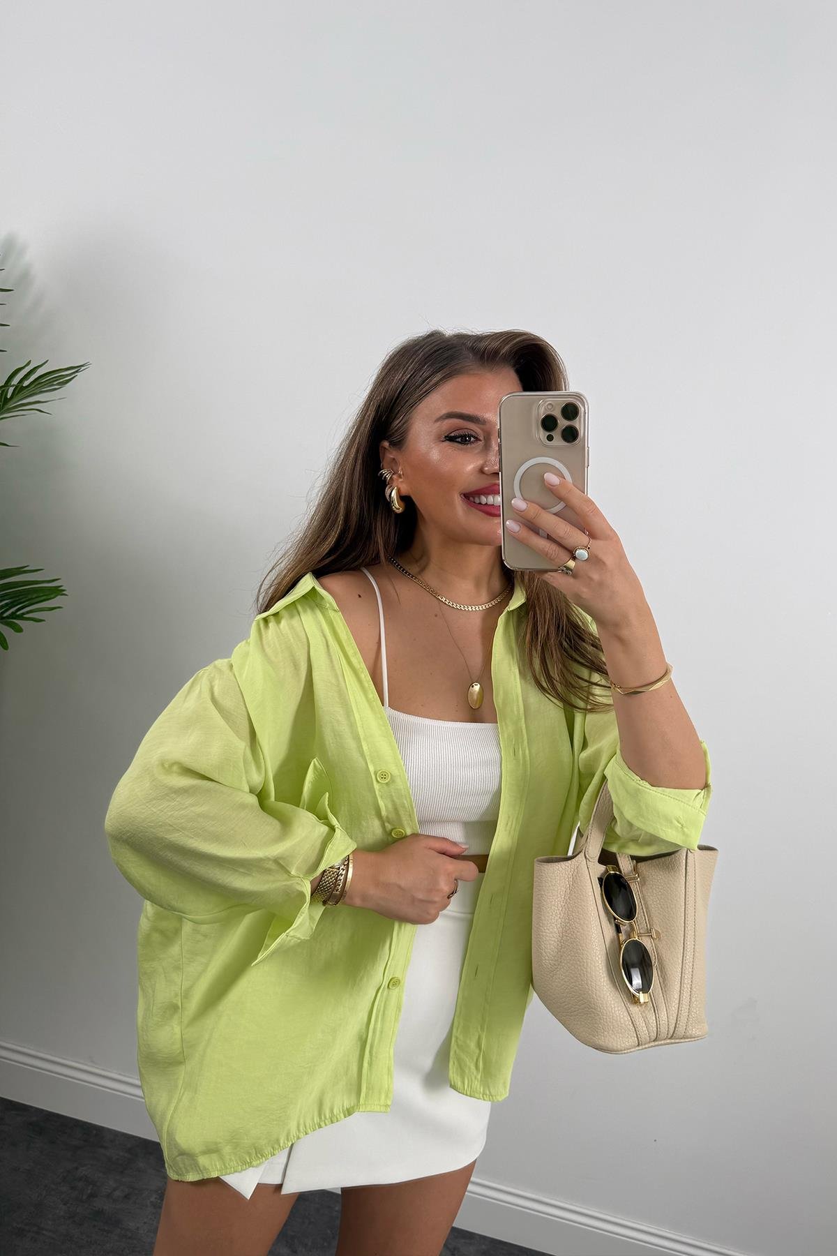 Lüx Kalite Basic Salaş Tensel Gömlek Neon Yeşil 