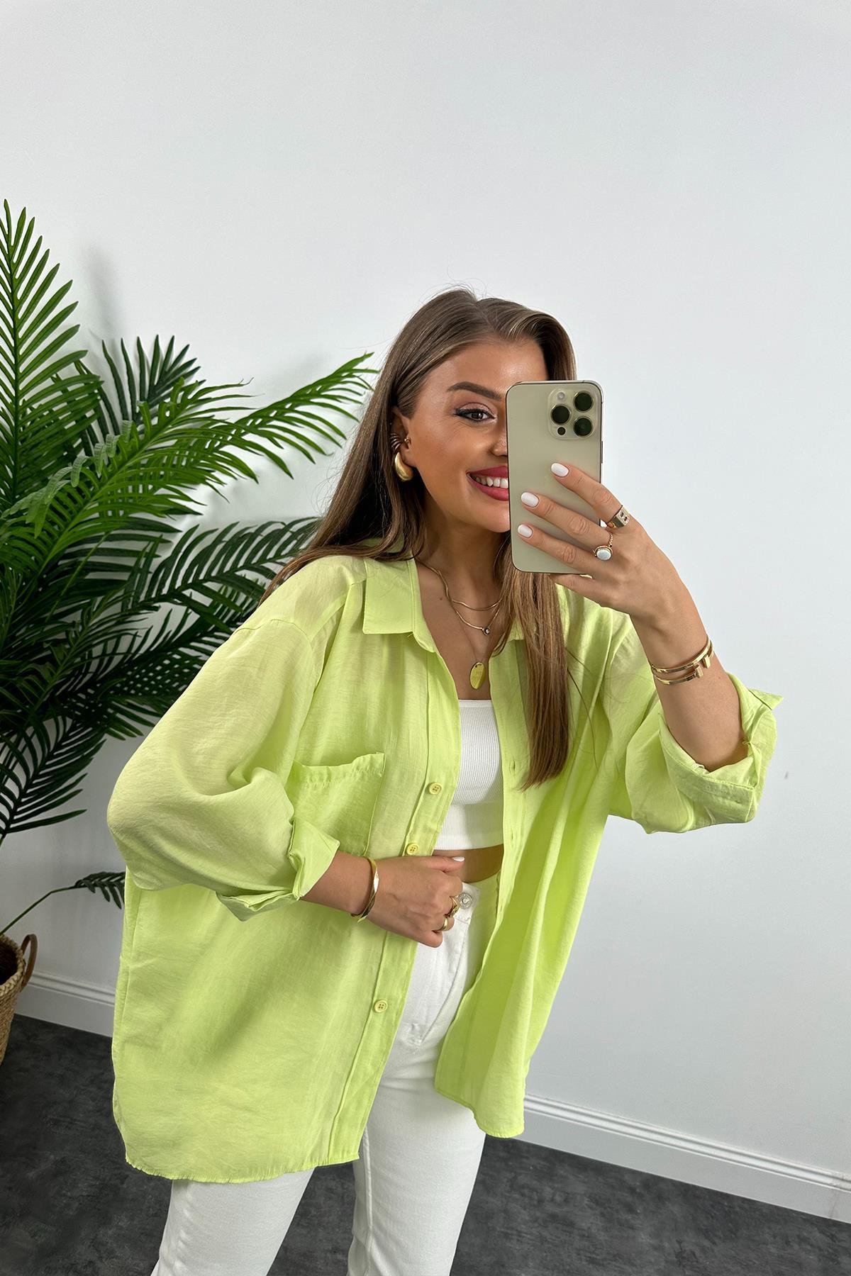 Lüx Kalite Basic Salaş Tensel Gömlek Neon Yeşil