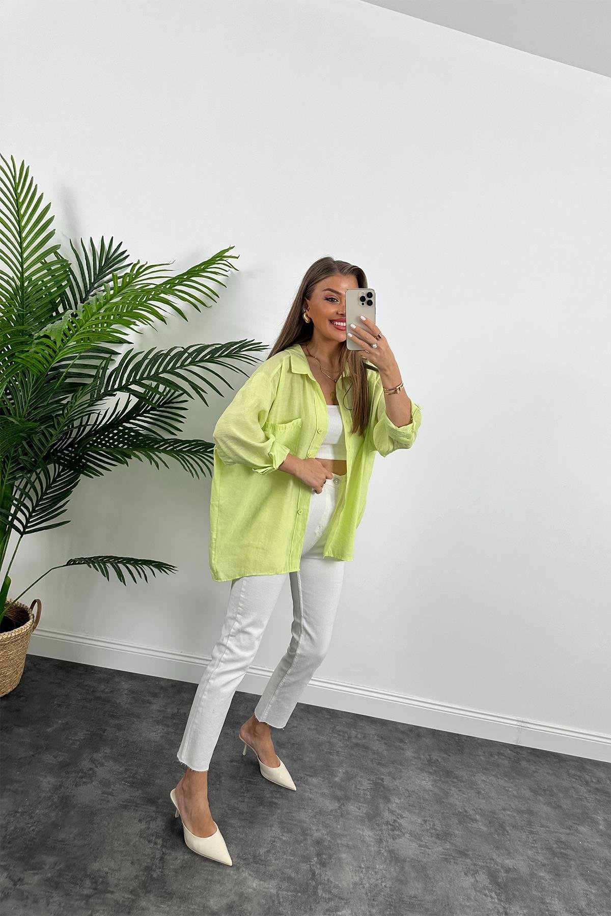Lüx Kalite Basic Salaş Tensel Gömlek Neon Yeşil