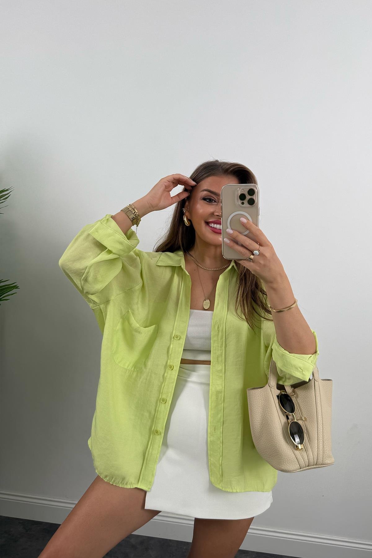 Lüx Kalite Basic Salaş Tensel Gömlek Neon Yeşil 