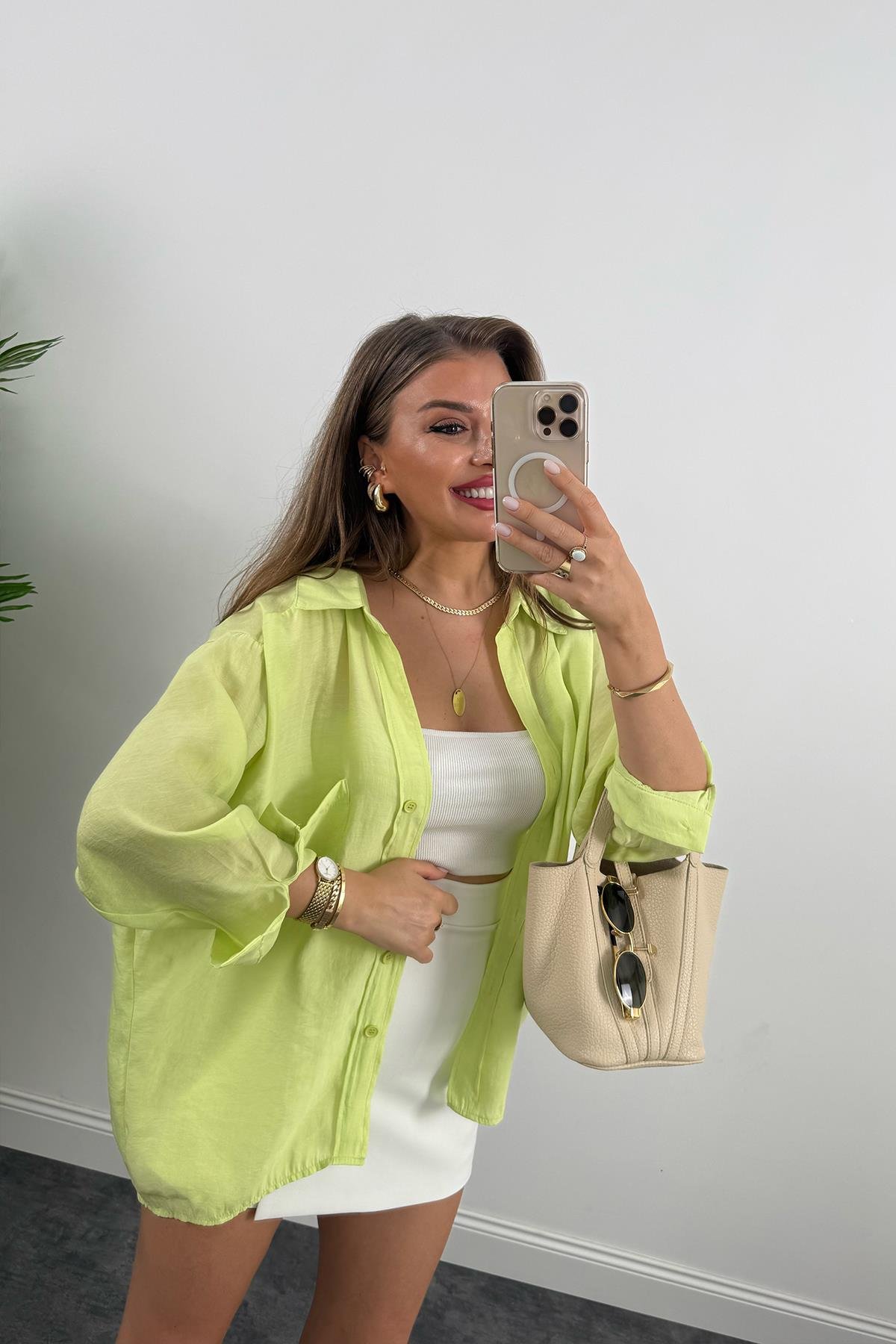 Lüx Kalite Basic Salaş Tensel Gömlek Neon Yeşil 