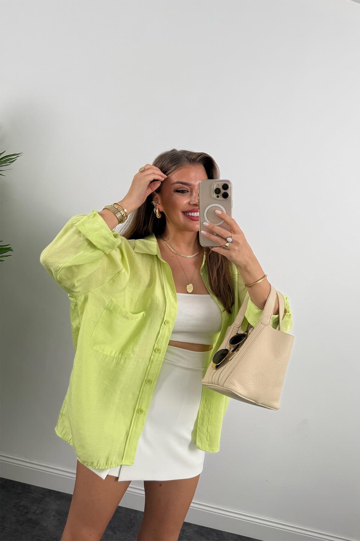 Lüx Kalite Basic Salaş Tensel Gömlek Neon Yeşil 