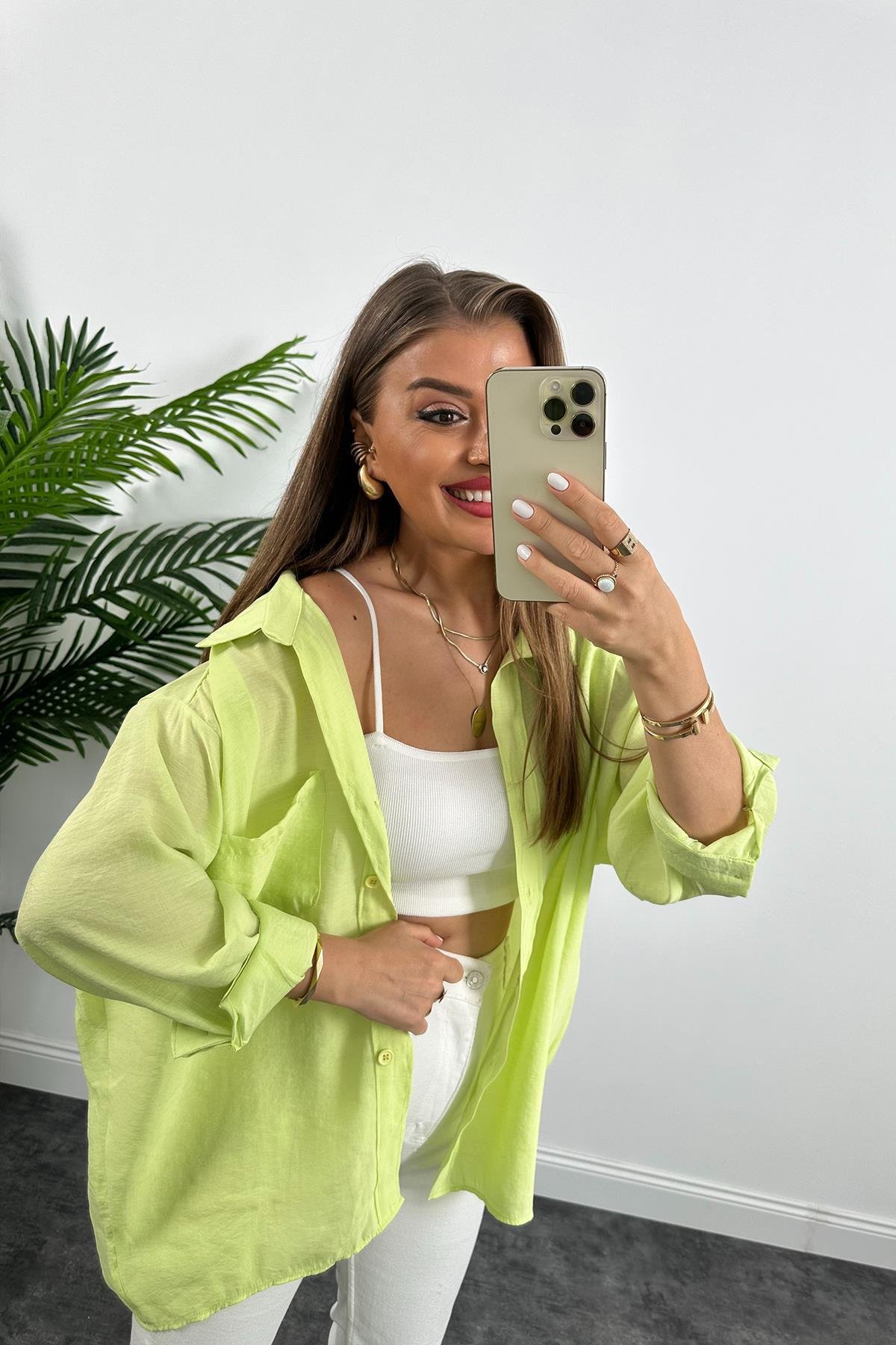 Lüx Kalite Basic Salaş Tensel Gömlek Neon Yeşil