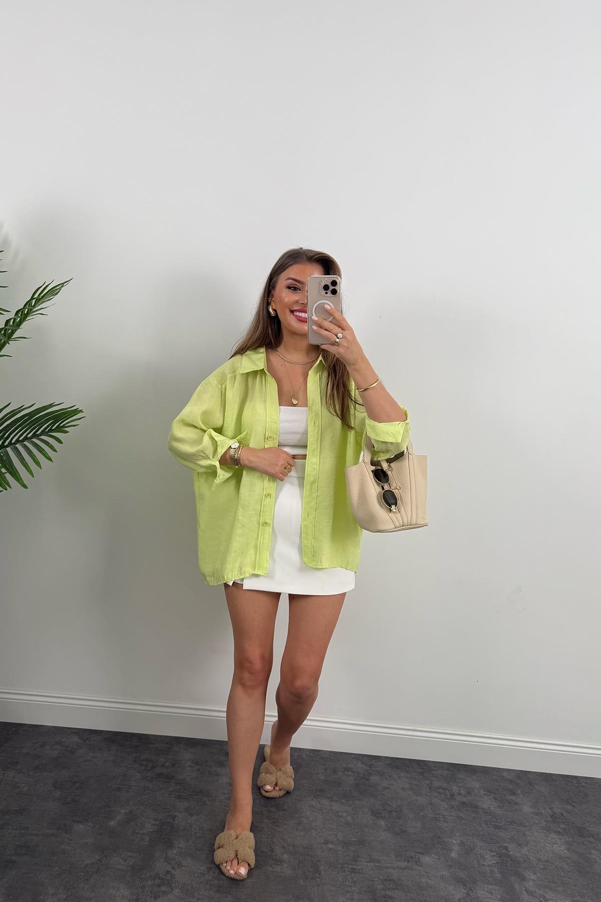 Lüx Kalite Basic Salaş Tensel Gömlek Neon Yeşil 