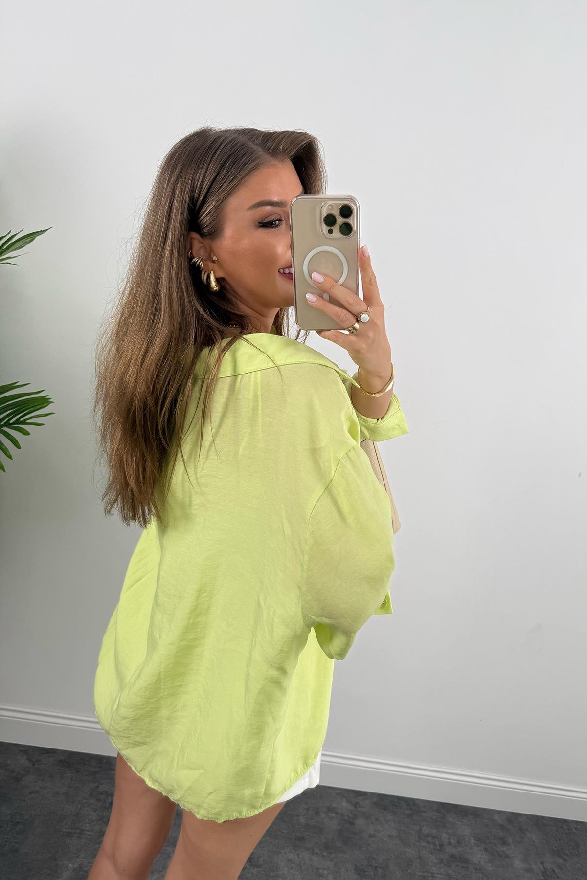 Lüx Kalite Basic Salaş Tensel Gömlek Neon Yeşil 