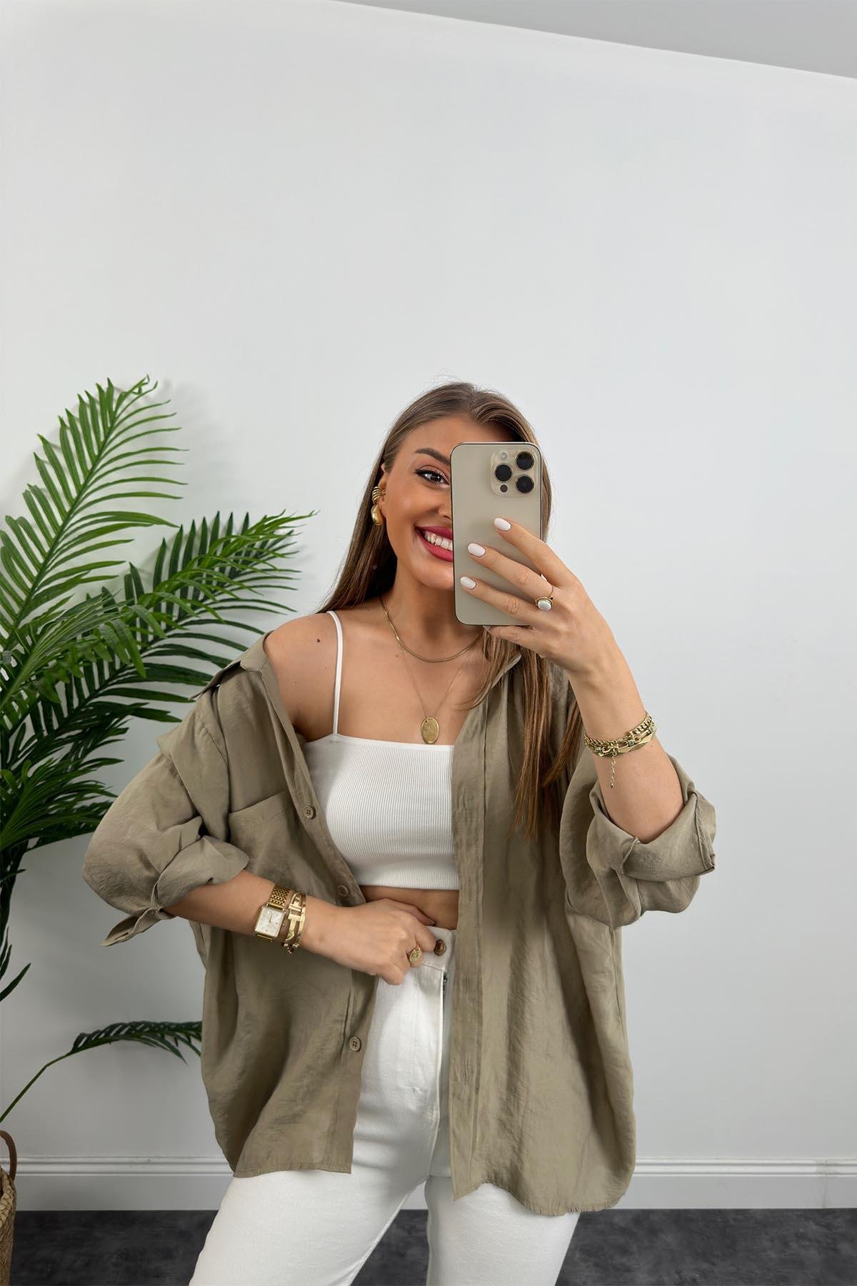 Lüx Kalite Basic Salaş Tensel Gömlek Olive