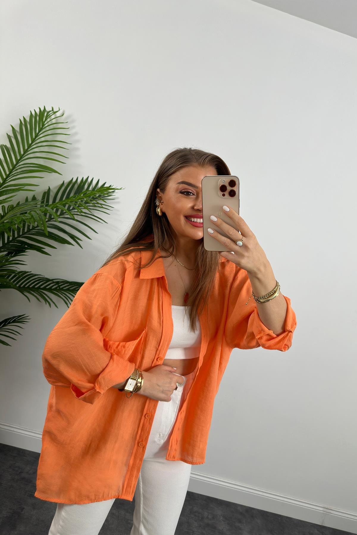 Lüx Kalite Basic Salaş Tensel Gömlek Oranj