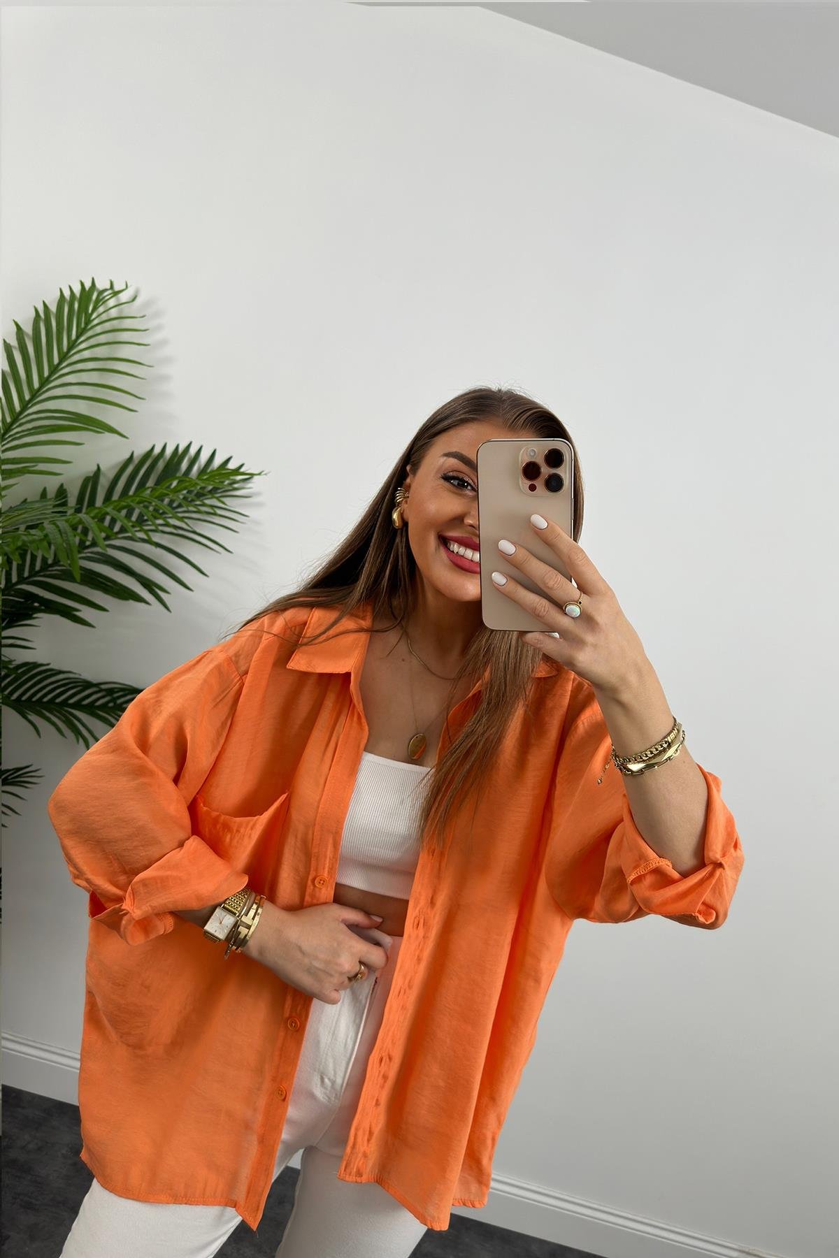 Lüx Kalite Basic Salaş Tensel Gömlek Oranj