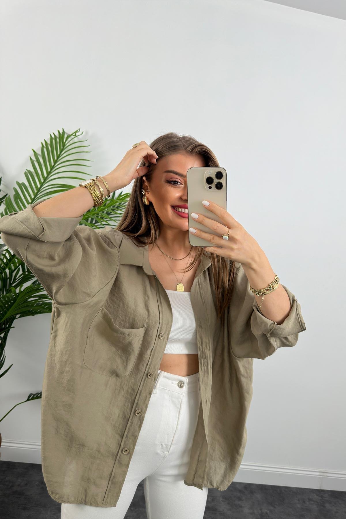 Lüx Kalite Basic Salaş Tensel Gömlek Olive