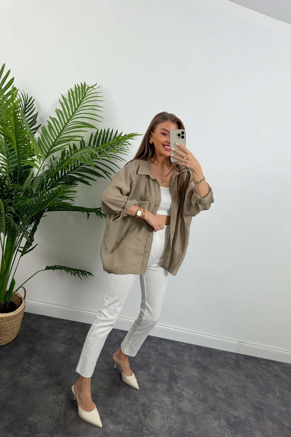 Lüx Kalite Basic Salaş Tensel Gömlek Olive