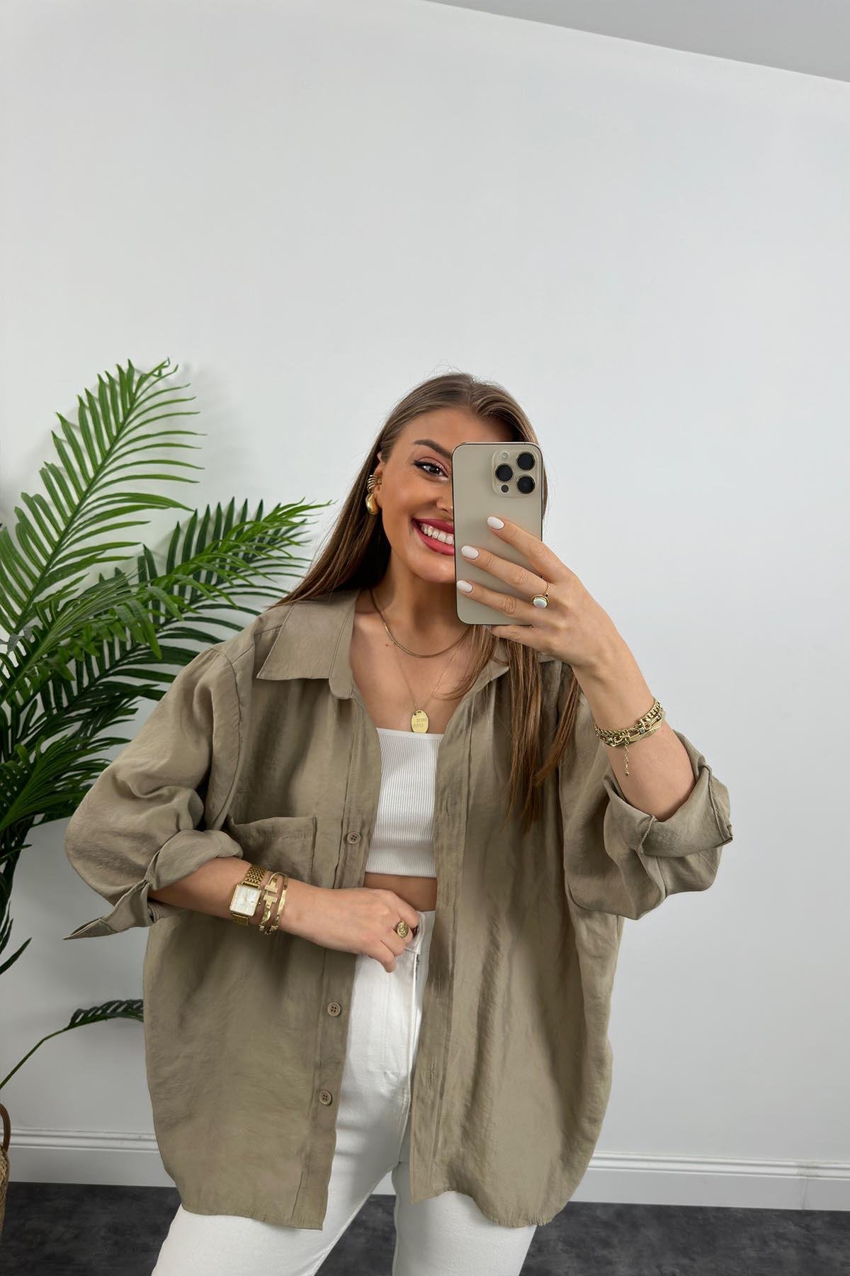 Lüx Kalite Basic Salaş Tensel Gömlek Olive