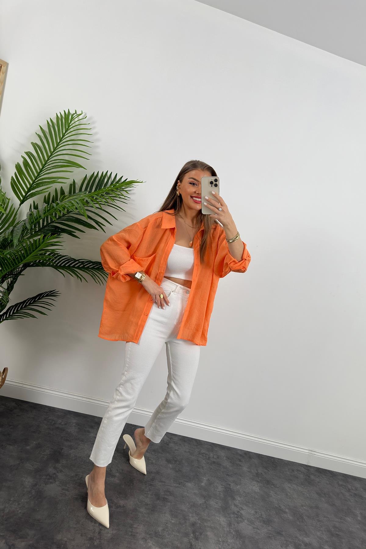 Lüx Kalite Basic Salaş Tensel Gömlek Oranj