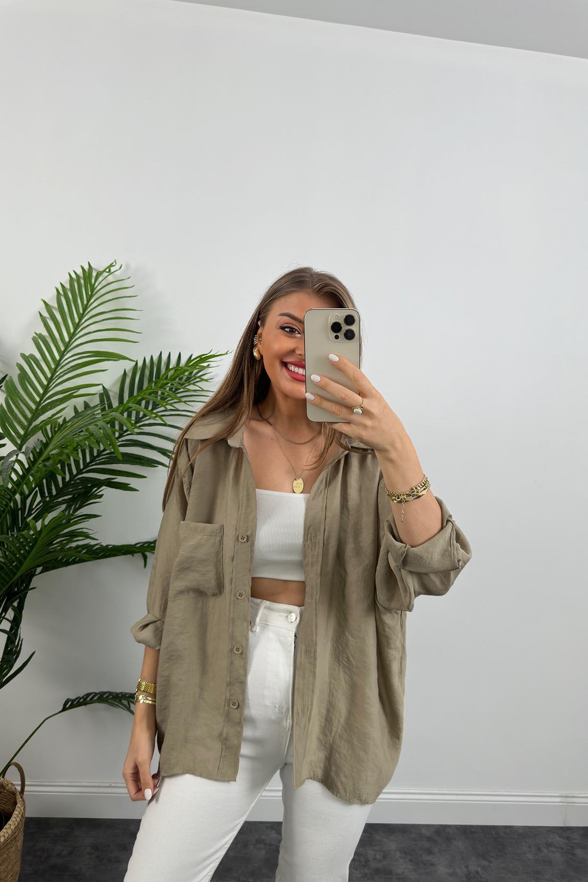 Lüx Kalite Basic Salaş Tensel Gömlek Olive