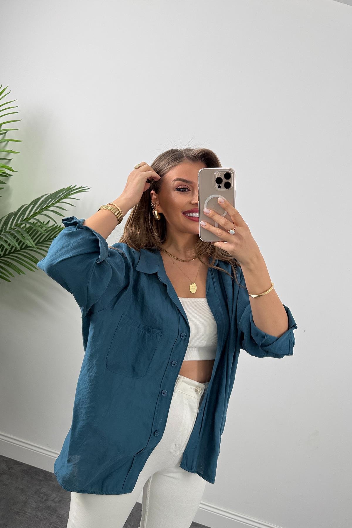 Lüx Kalite Basic Salaş Tensel Gömlek Petrol