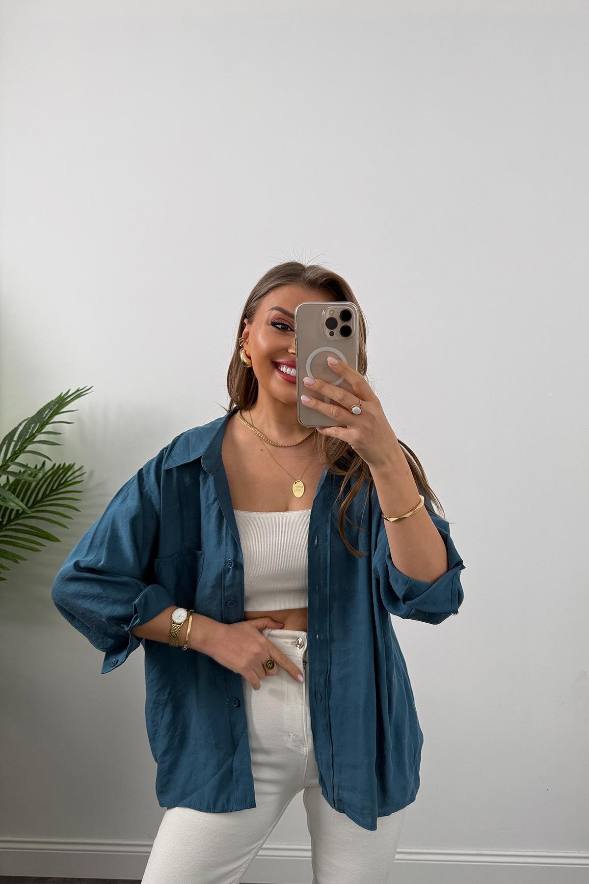 Lüx Kalite Basic Salaş Tensel Gömlek Petrol