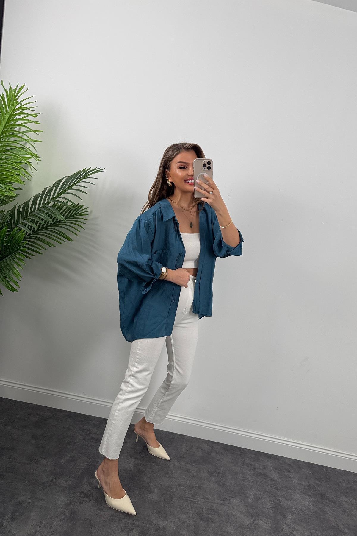 Lüx Kalite Basic Salaş Tensel Gömlek Petrol