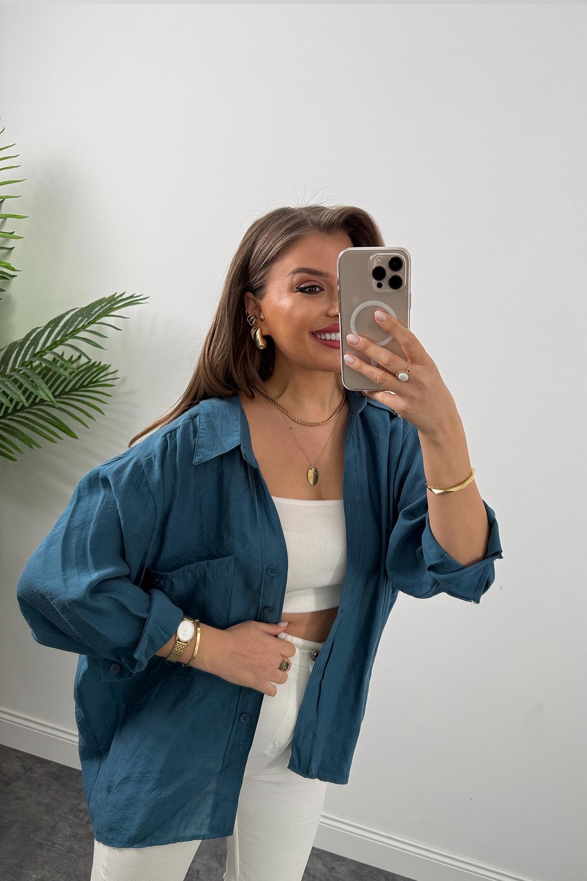 Lüx Kalite Basic Salaş Tensel Gömlek Petrol