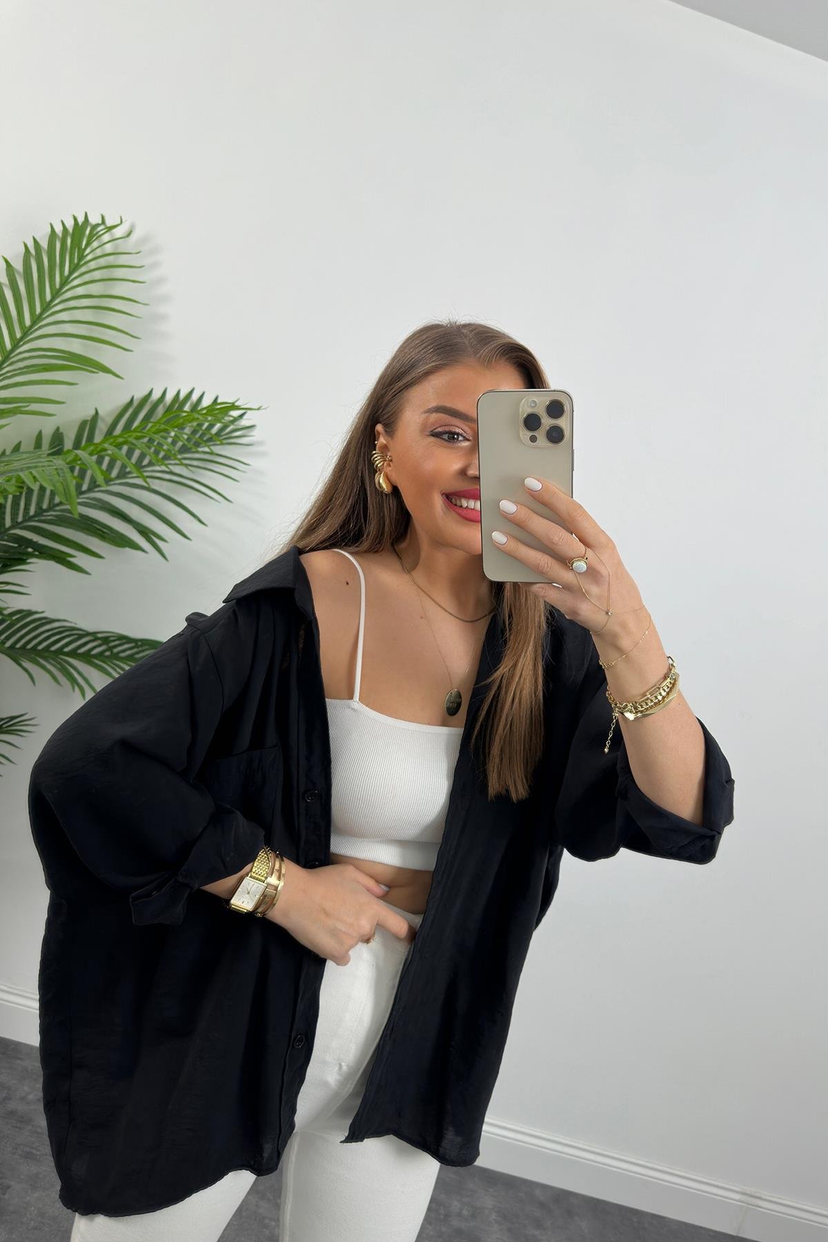 Lüx Kalite Basic Salaş Tensel Gömlek Siyah