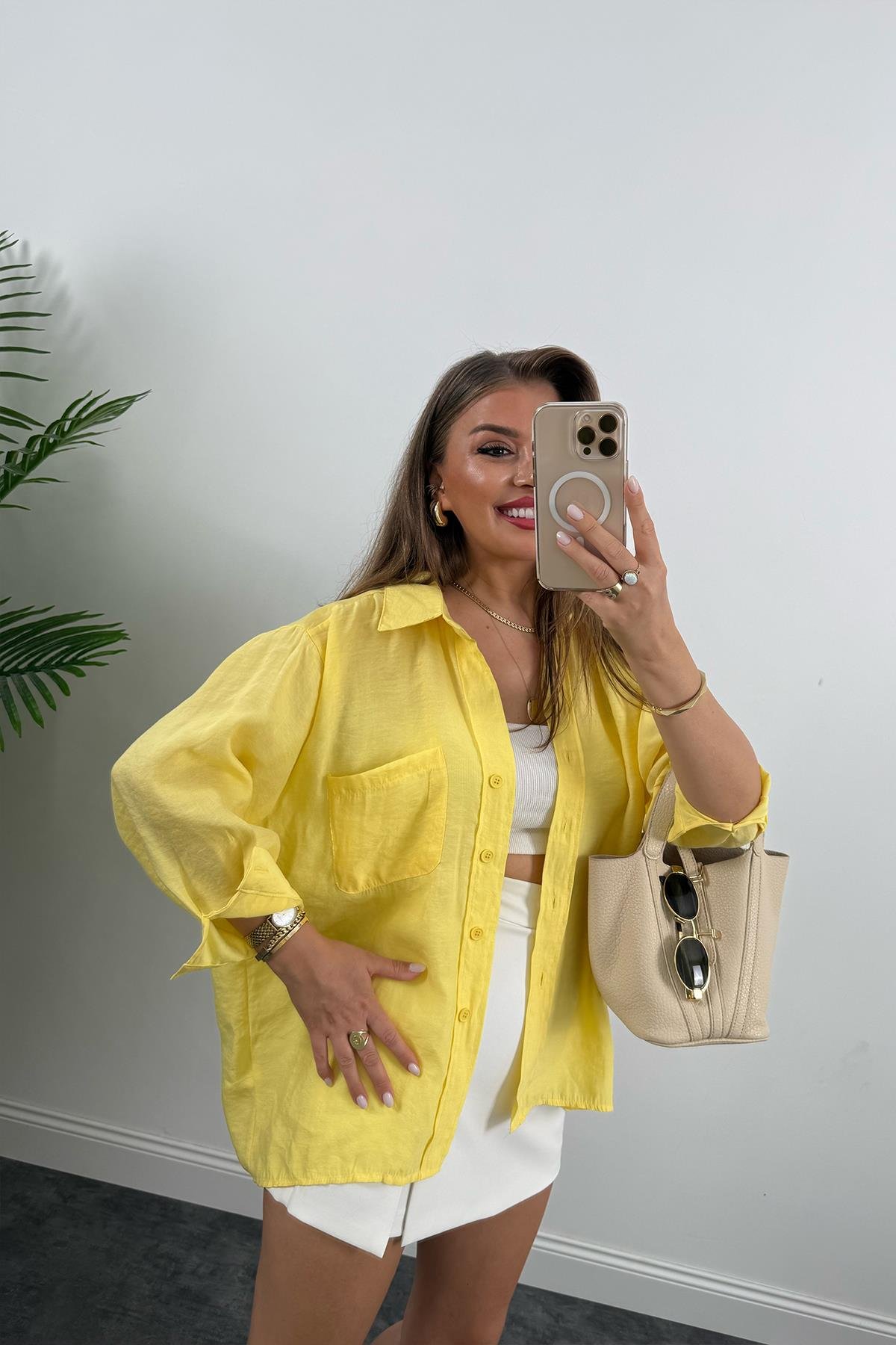 Lüx Kalite Basic Salaş Tensel Gömlek Sarı