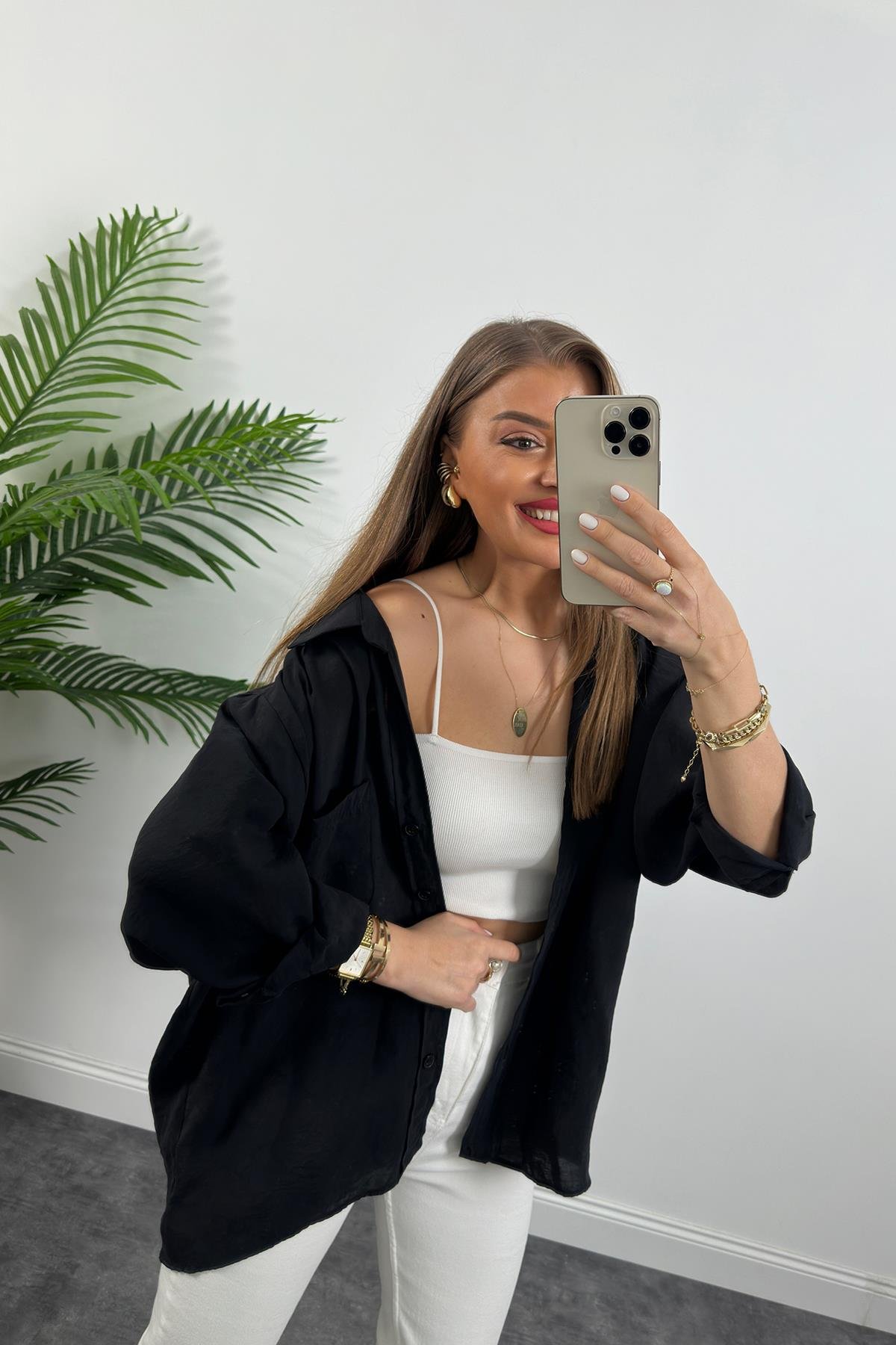 Lüx Kalite Basic Salaş Tensel Gömlek Siyah