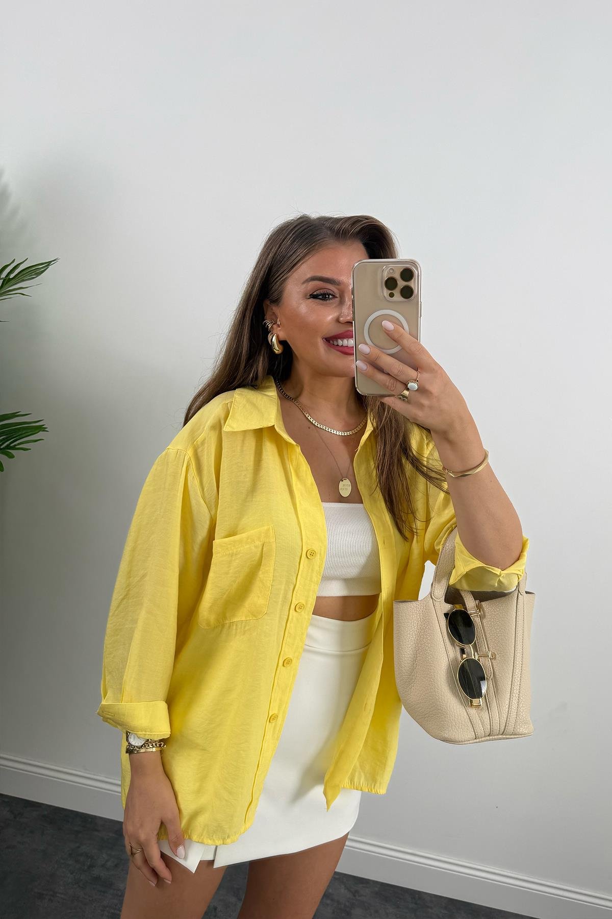 Lüx Kalite Basic Salaş Tensel Gömlek Sarı