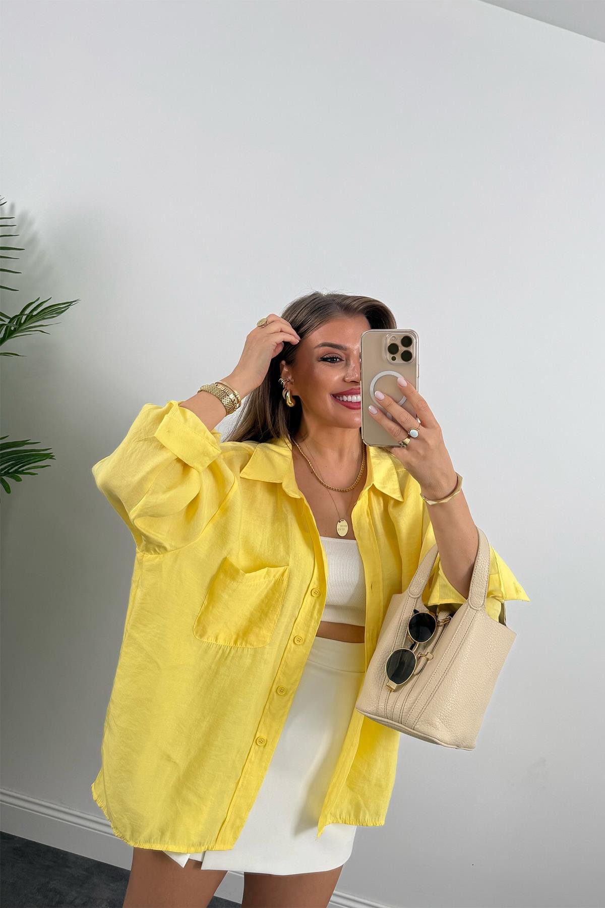 Lüx Kalite Basic Salaş Tensel Gömlek Sarı