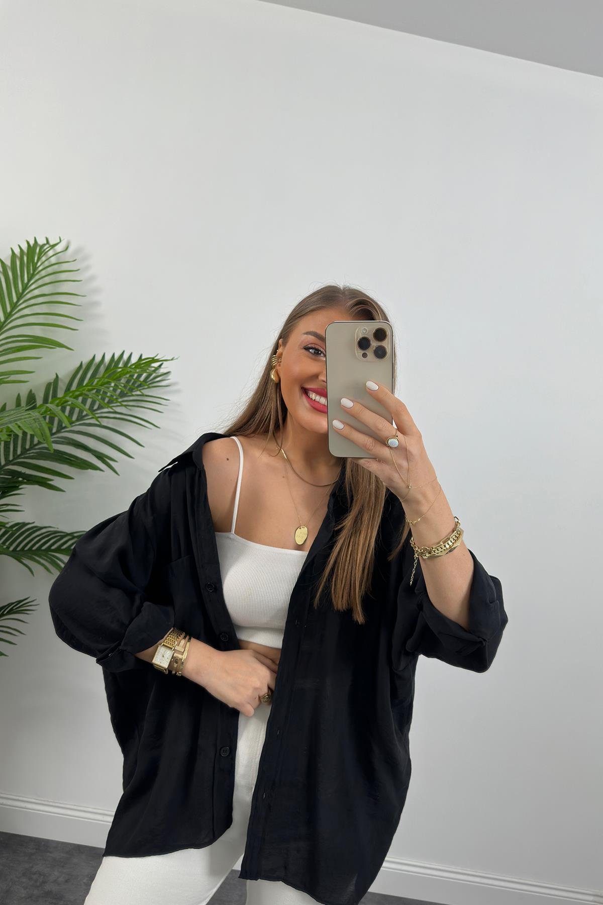 Lüx Kalite Basic Salaş Tensel Gömlek Siyah