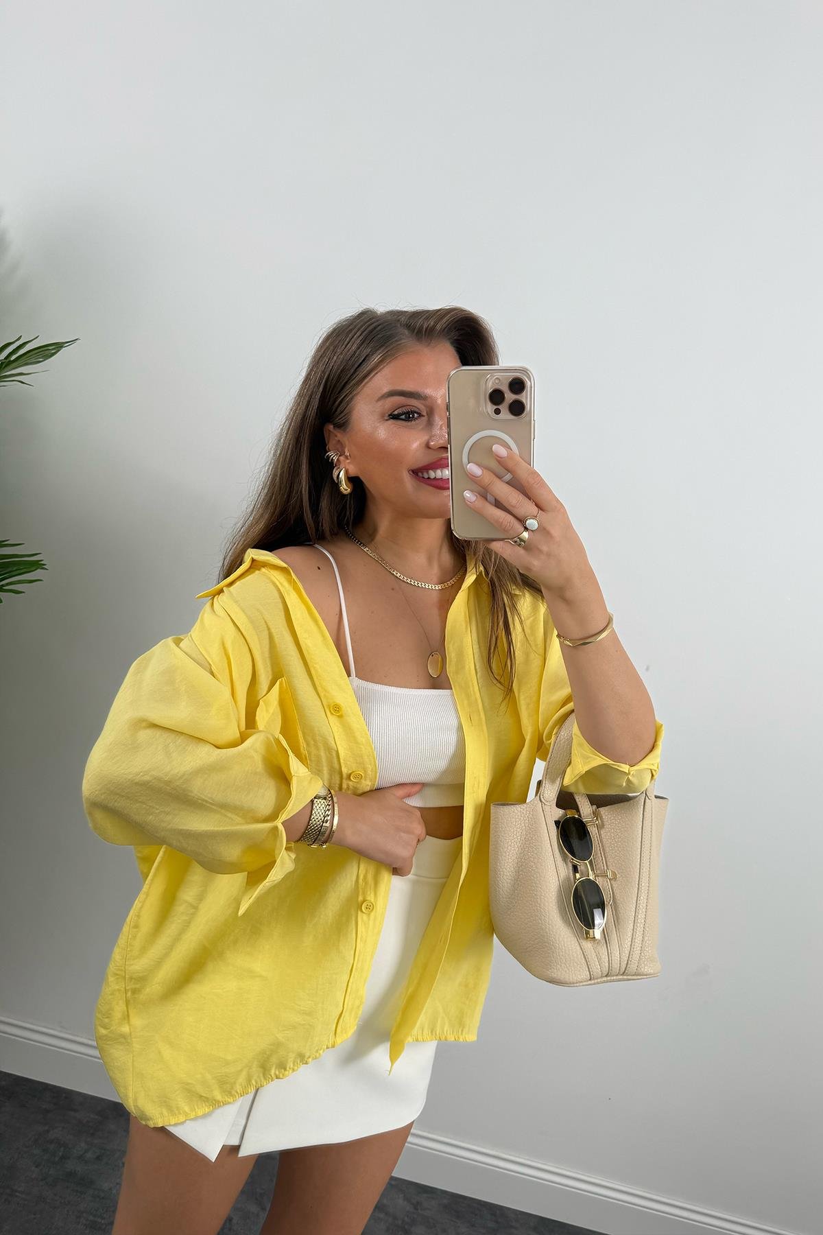 Lüx Kalite Basic Salaş Tensel Gömlek Sarı