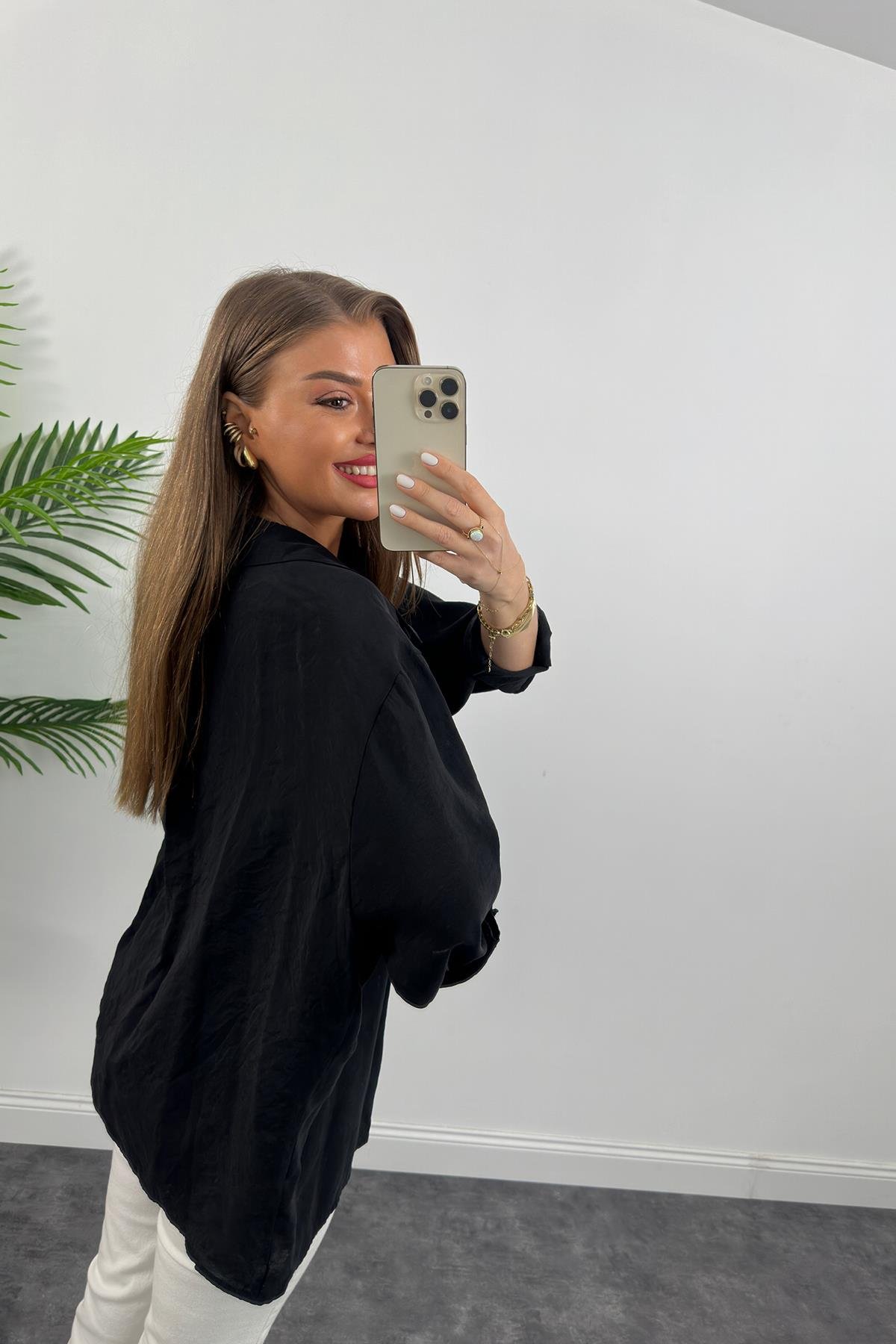 Lüx Kalite Basic Salaş Tensel Gömlek Siyah