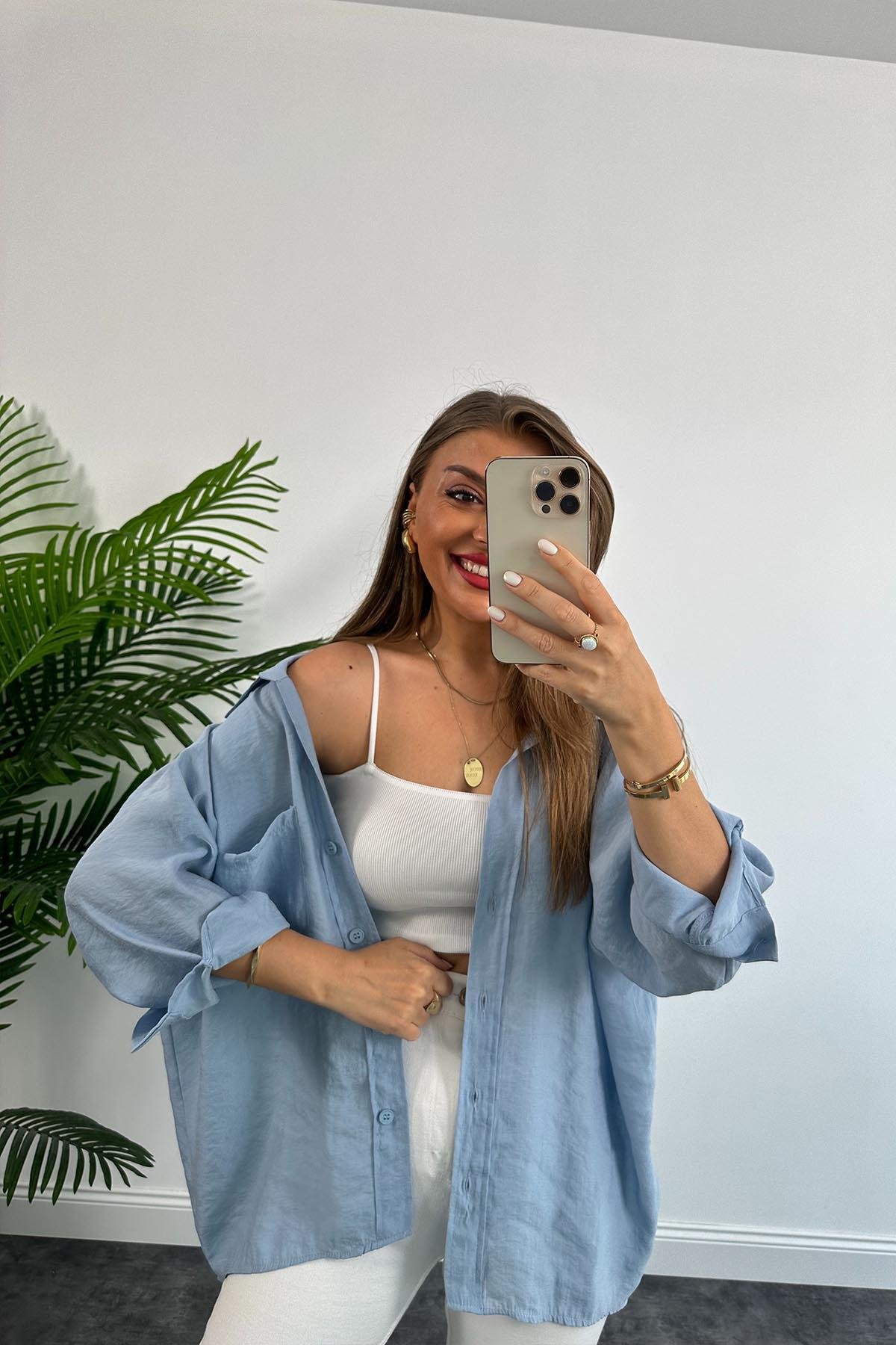 Lüx Kalite Basic Salaş Tensel Gömlek Tatlı Mavi