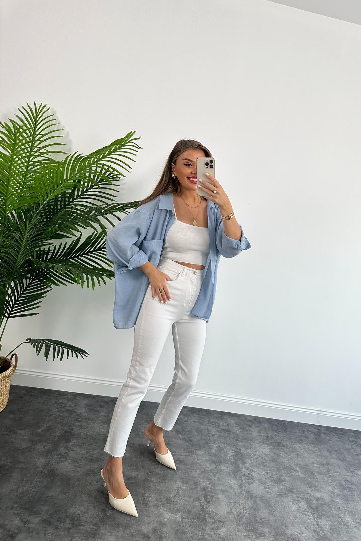 Lüx Kalite Basic Salaş Tensel Gömlek Tatlı Mavi