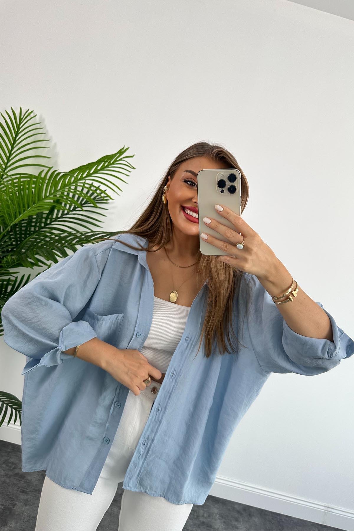 Lüx Kalite Basic Salaş Tensel Gömlek Tatlı Mavi