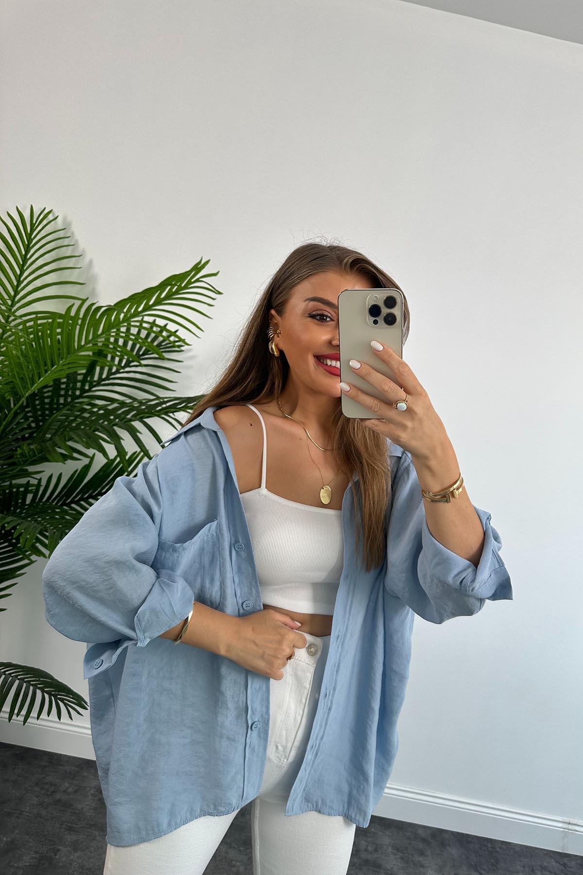 Lüx Kalite Basic Salaş Tensel Gömlek Tatlı Mavi