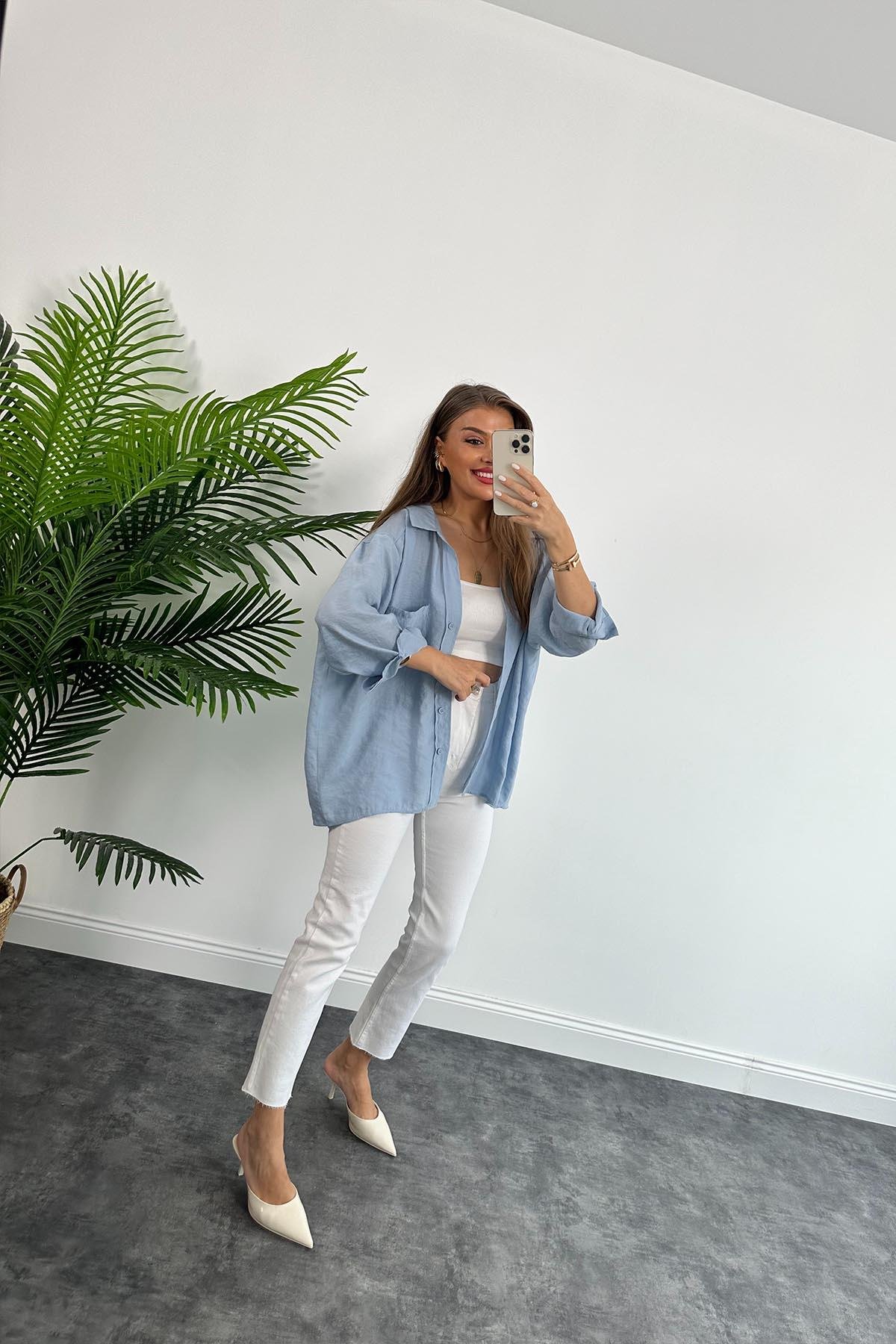 Lüx Kalite Basic Salaş Tensel Gömlek Tatlı Mavi