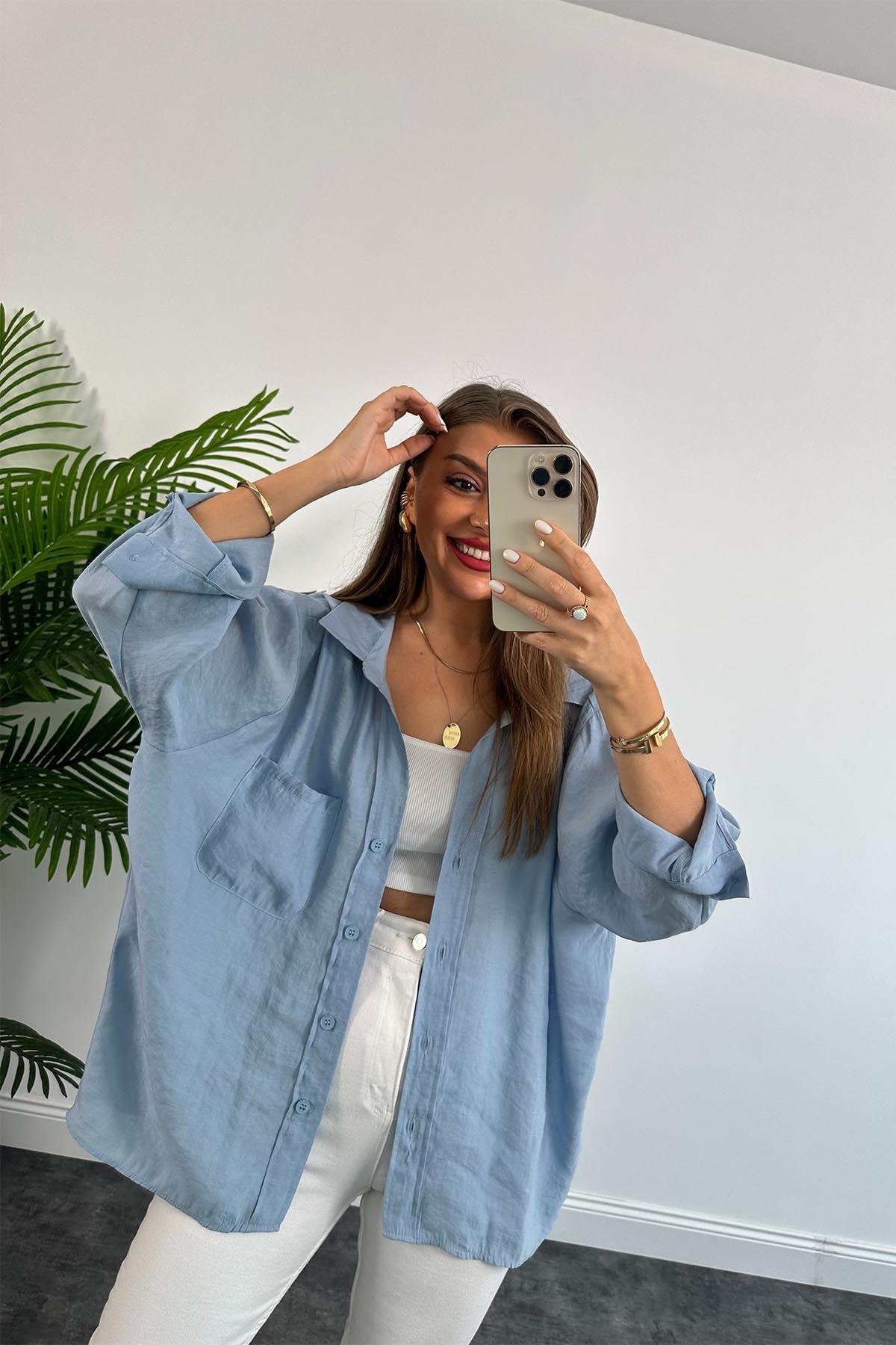 Lüx Kalite Basic Salaş Tensel Gömlek Tatlı Mavi