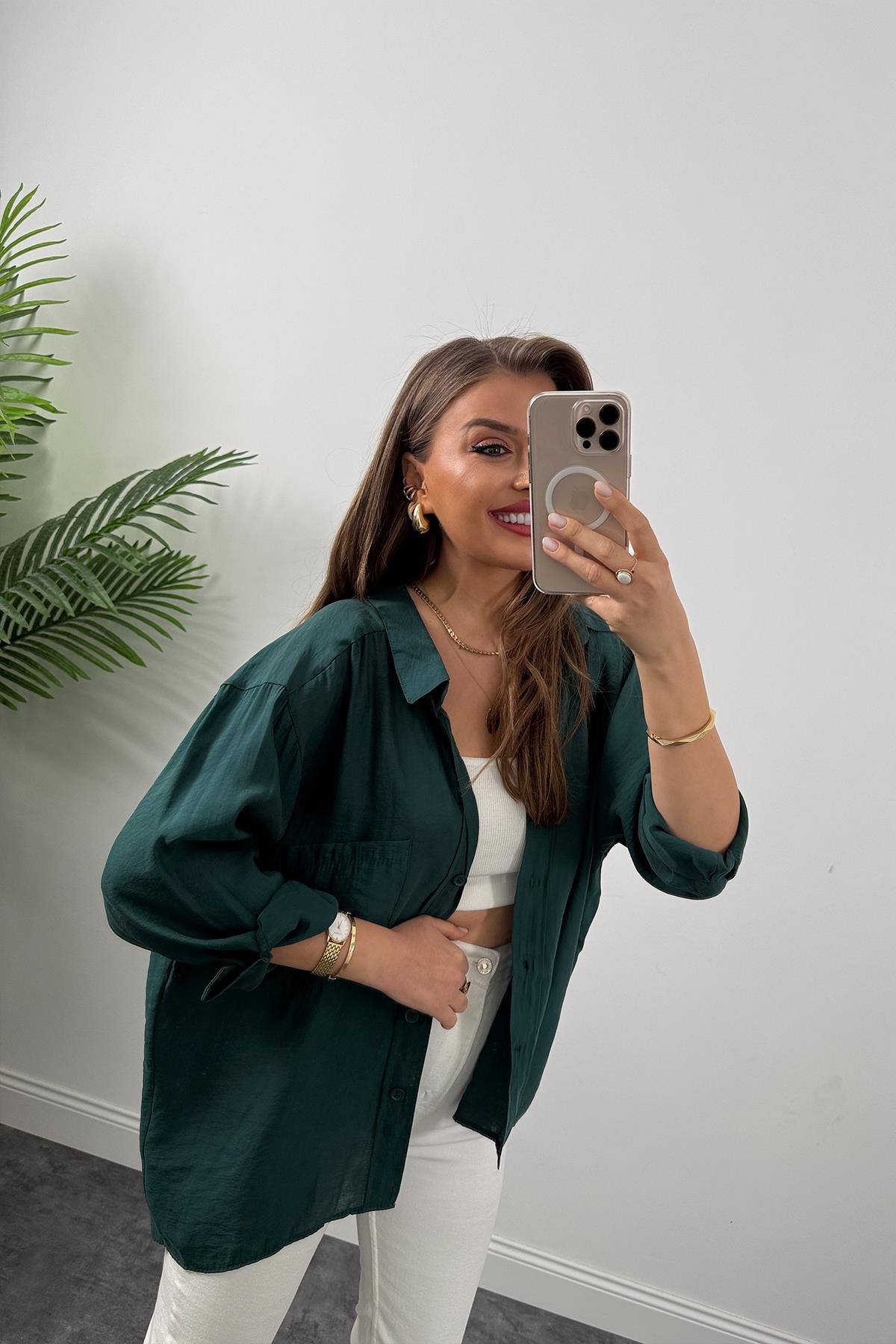 Lüx Kalite Basic Salaş Tensel Gömlek Zümrüt 