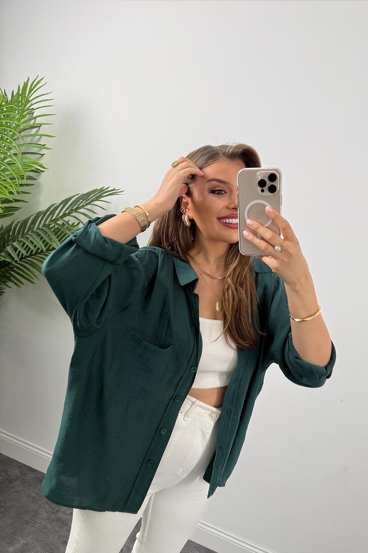 Lüx Kalite Basic Salaş Tensel Gömlek Zümrüt 