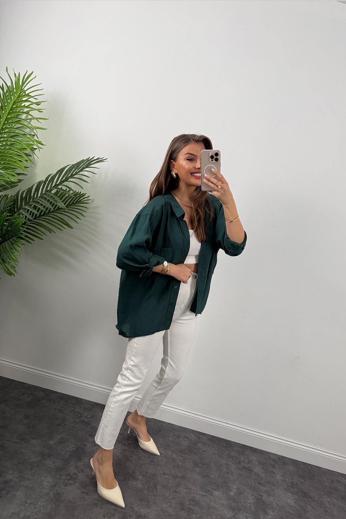 Lüx Kalite Basic Salaş Tensel Gömlek Zümrüt 