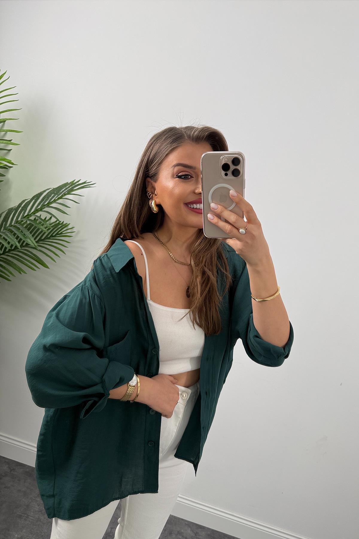 Lüx Kalite Basic Salaş Tensel Gömlek Zümrüt 