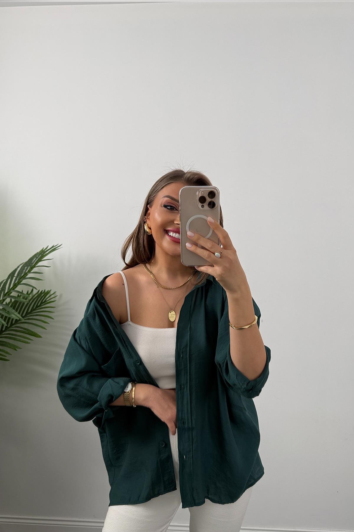 Lüx Kalite Basic Salaş Tensel Gömlek Zümrüt 