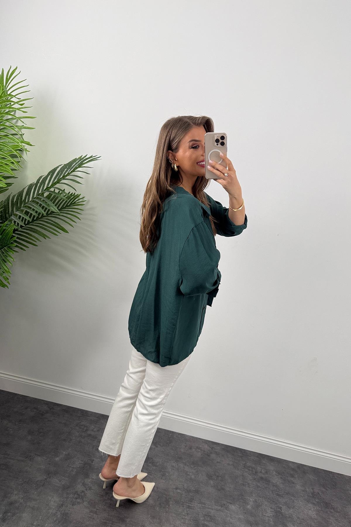 Lüx Kalite Basic Salaş Tensel Gömlek Zümrüt 