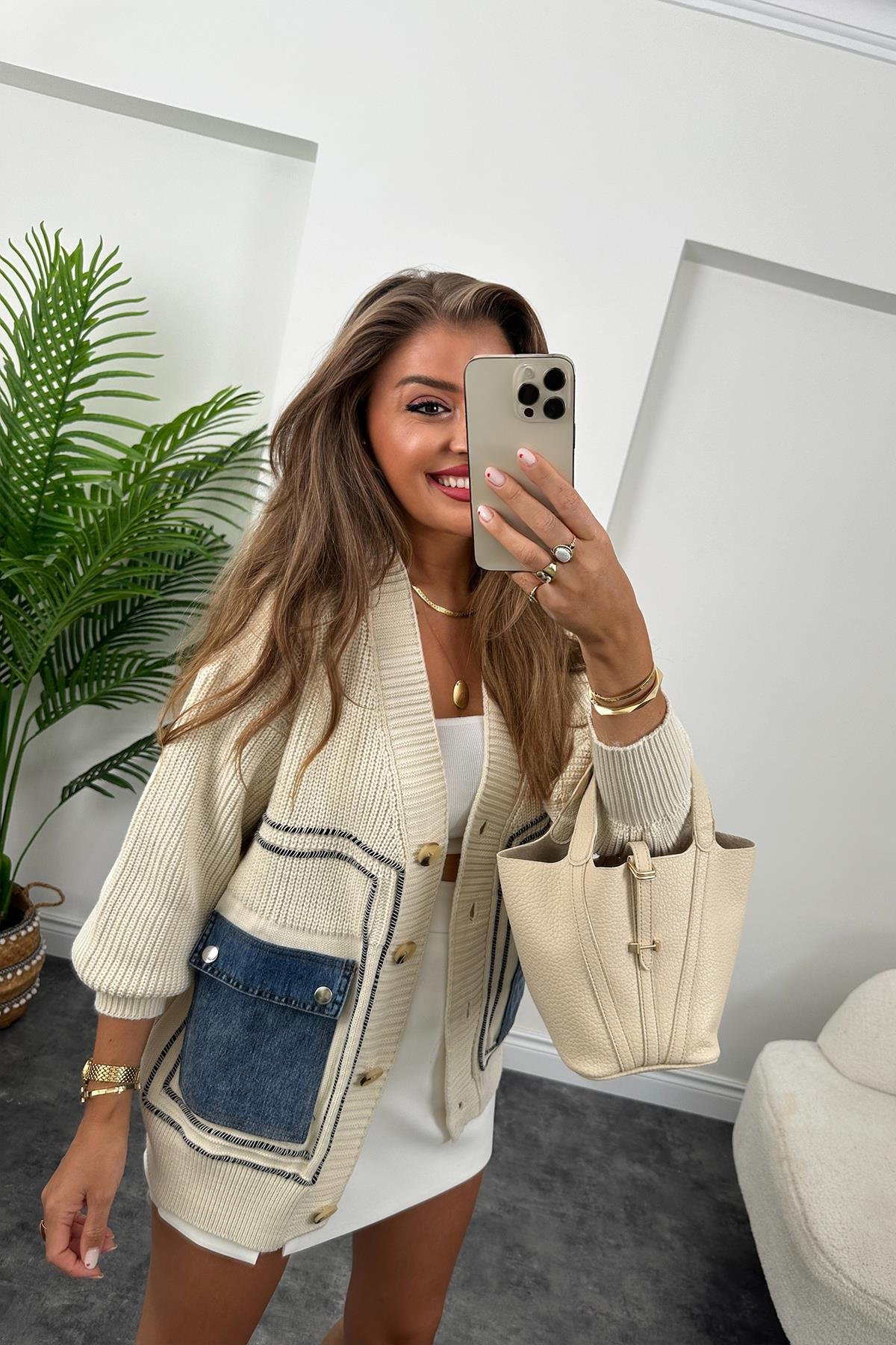 Lüx Kalite Cebi Jean Detaylı Tasarım Örme Hırka