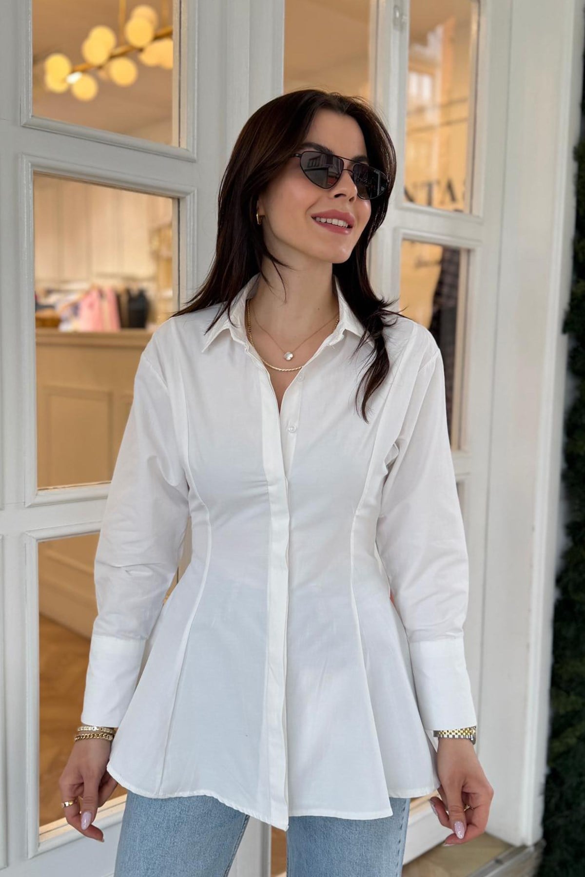 Lüx Kalite Eteği Pileli Peplum Oturtma Gömlek Beyaz