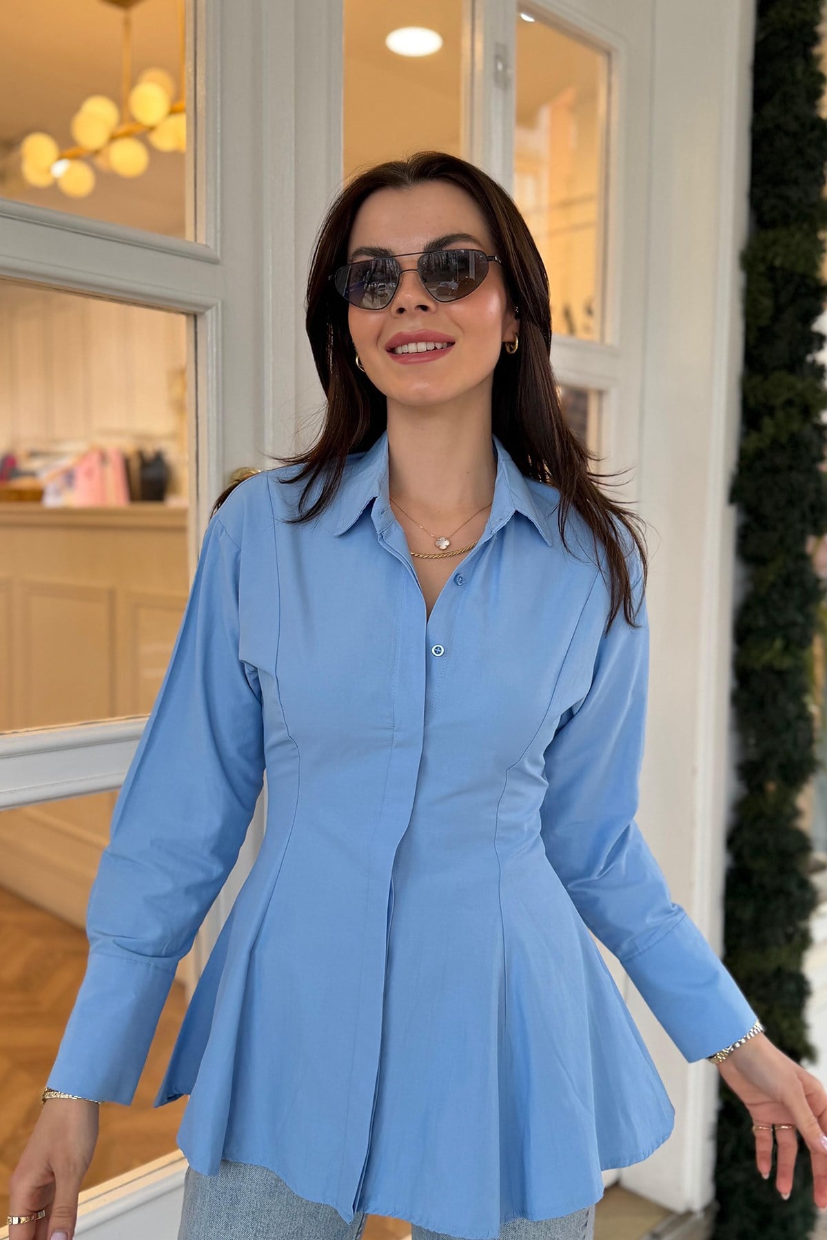 Lüx Kalite Eteği Pileli Peplum Oturtma Gömlek Mavi