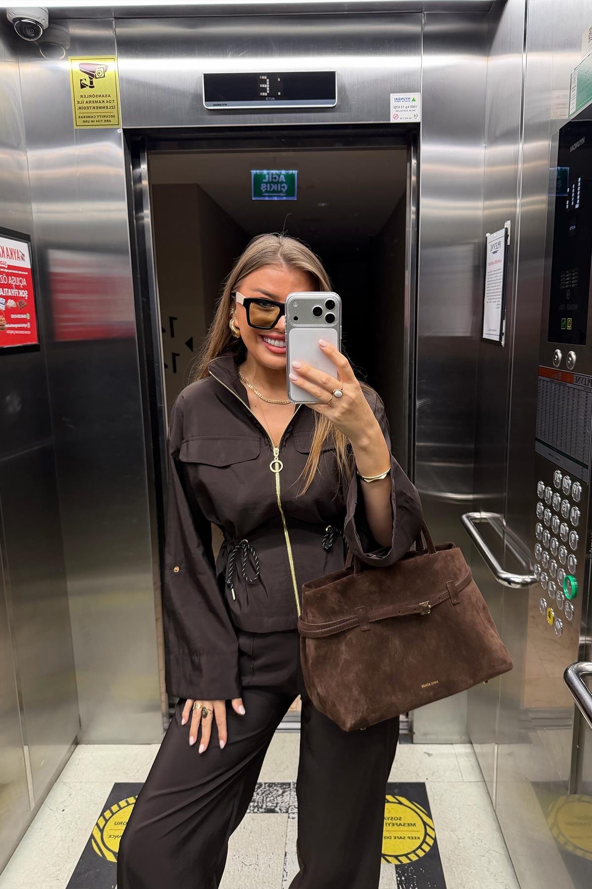 Lüx Kalite Gold Fermuarlı Parlak Kumaş Takım Acı Kahve