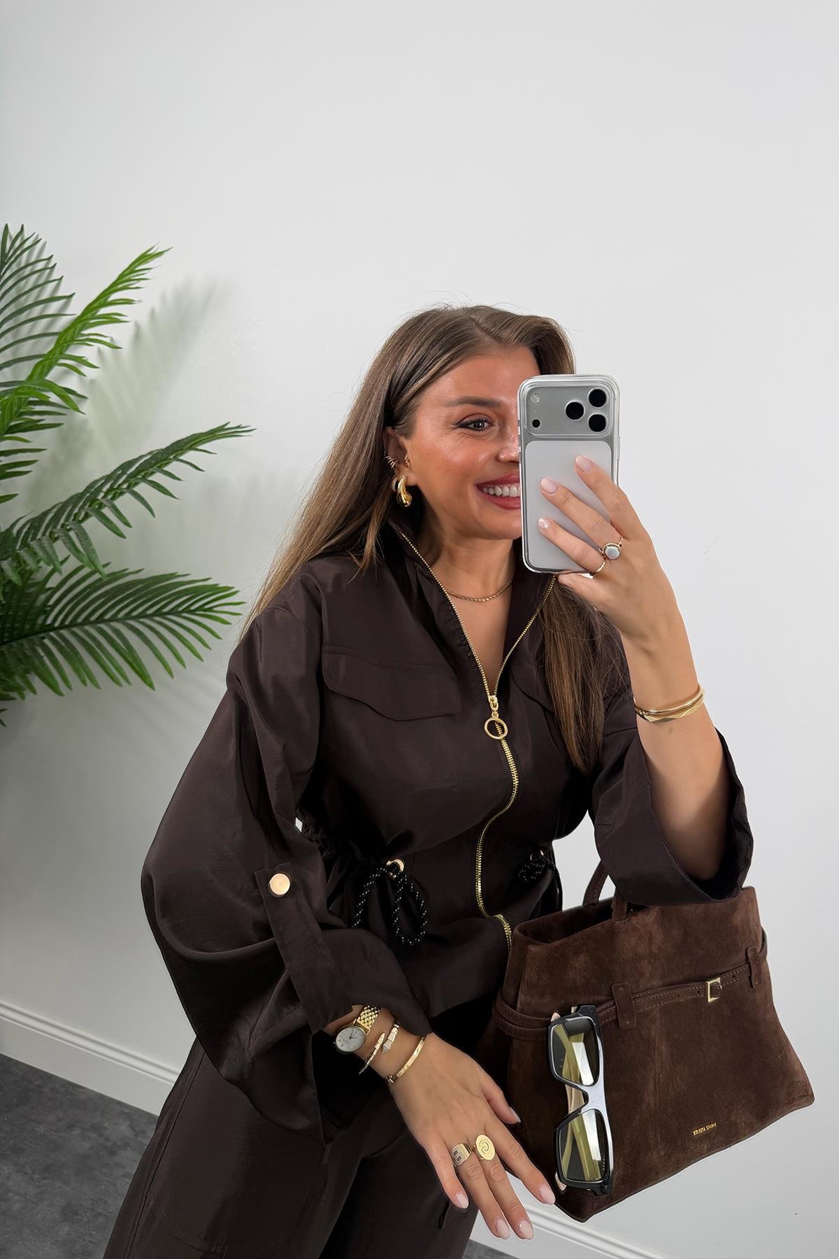 Lüx Kalite Gold Fermuarlı Parlak Kumaş Takım Acı Kahve