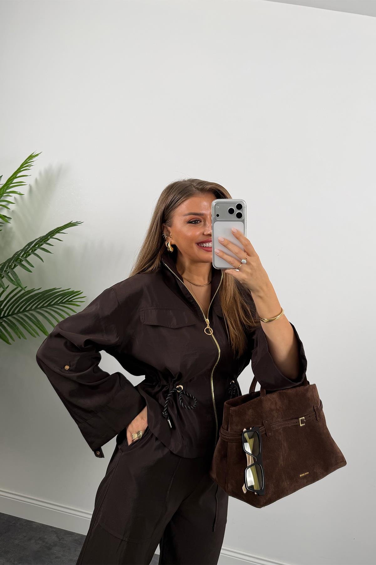 Lüx Kalite Gold Fermuarlı Parlak Kumaş Takım Acı Kahve