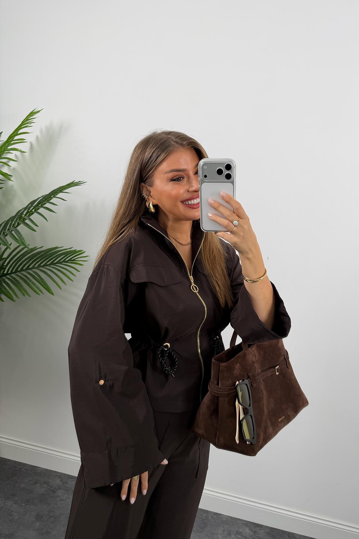 Lüx Kalite Gold Fermuarlı Parlak Kumaş Takım Acı Kahve