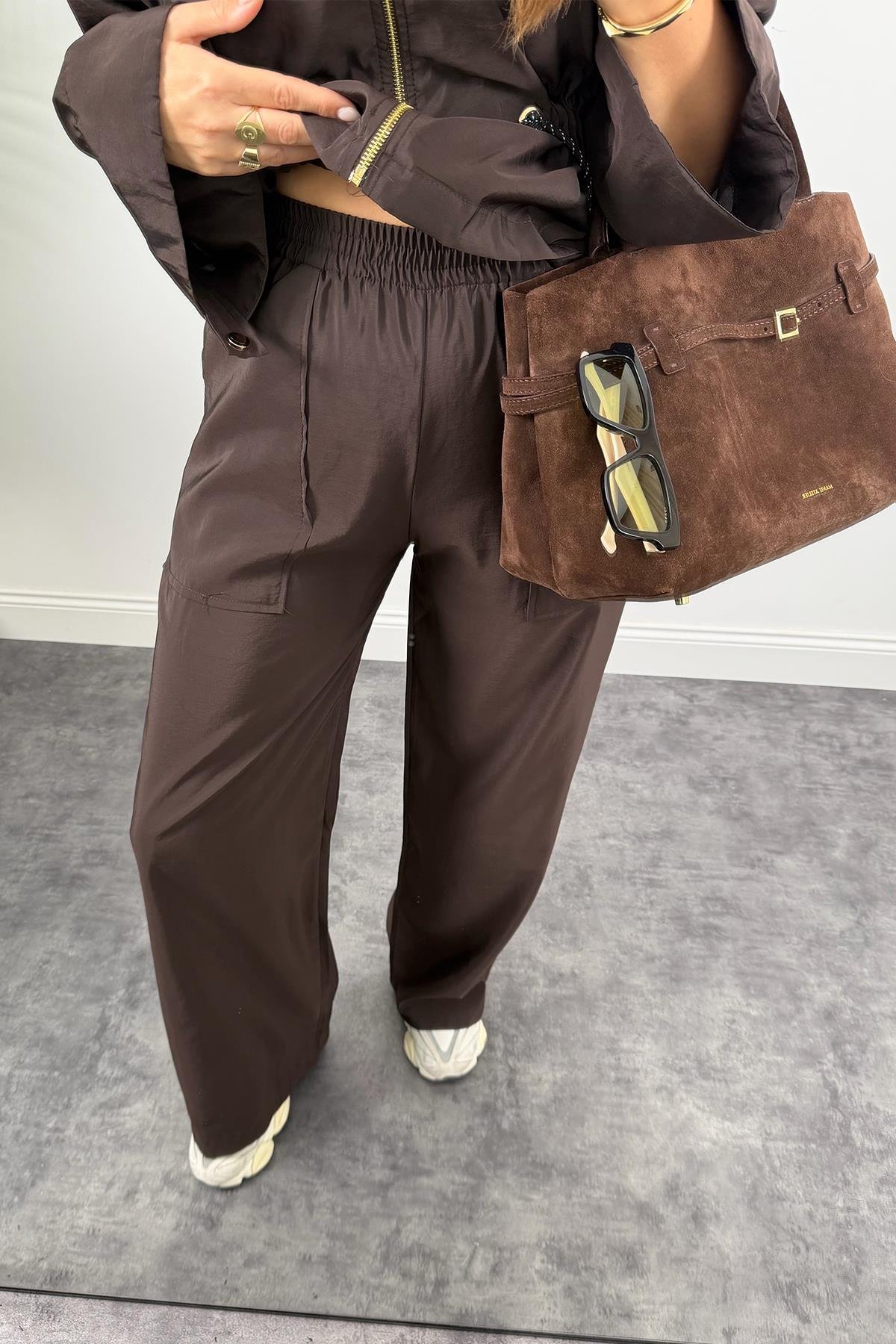 Lüx Kalite Gold Fermuarlı Parlak Kumaş Takım Acı Kahve